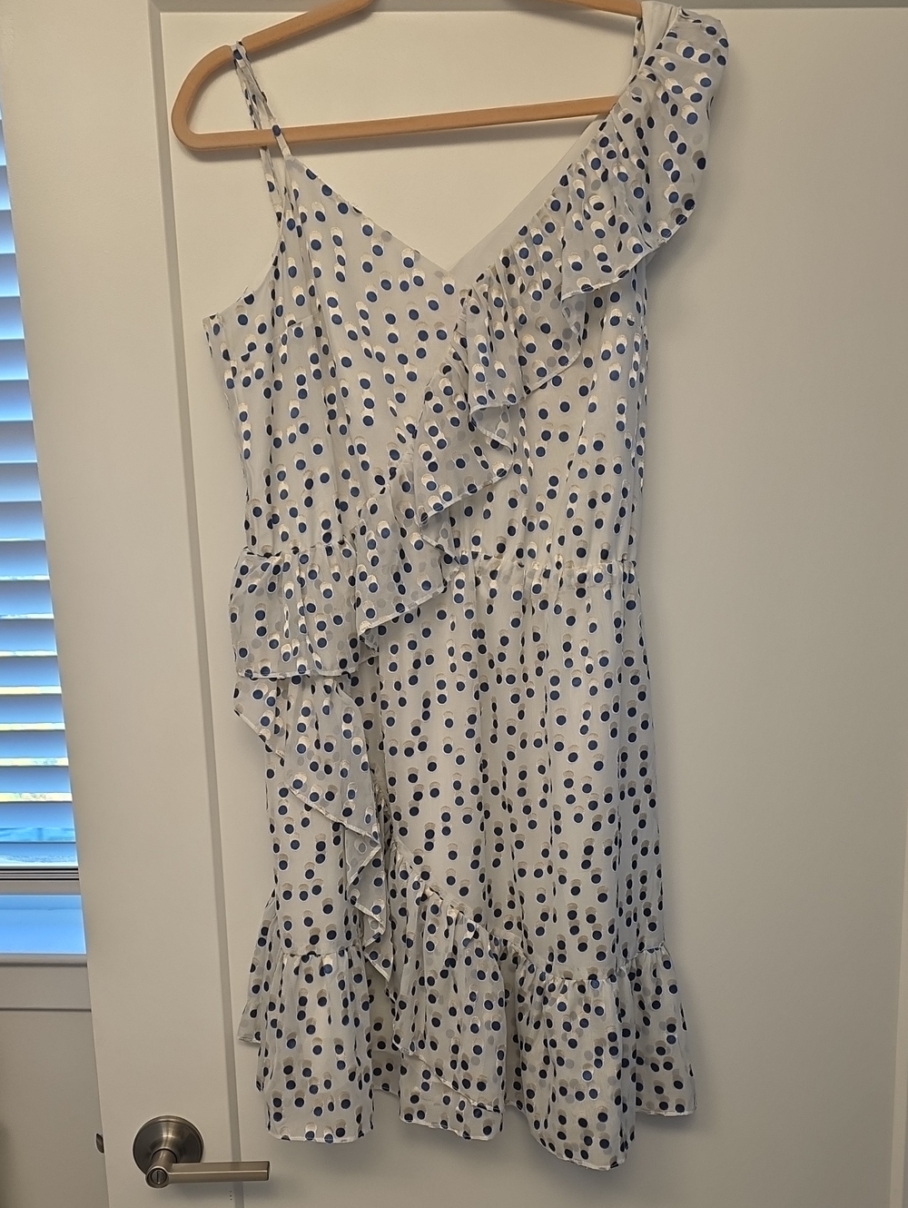 Lilly Pulitzer White Dress with Navy Polka Dots and Ruffle Detail